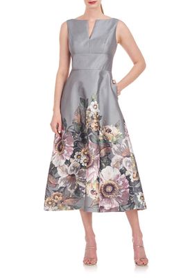 Kay Unger Marlene Floral Print A-Line Dress in Sage Gray