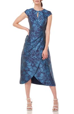 Kay Unger Massima Floral Cap Sleeve Midi Cocktail Dress in Baltic Blue