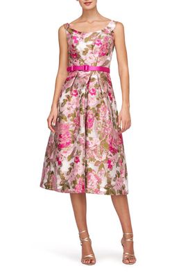 Kay Unger Miriam Belted Brocade Midi Dress in Wild Raspberry 