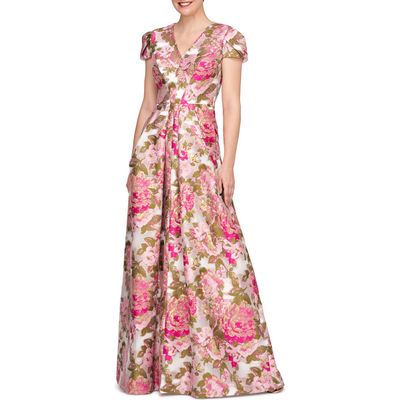 Kay Unger Odessa Metallic Floral A-Line Gown in Wild Raspberry 