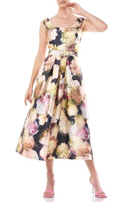 Kay Unger Perry Floral Print Midi Dress in Marigold