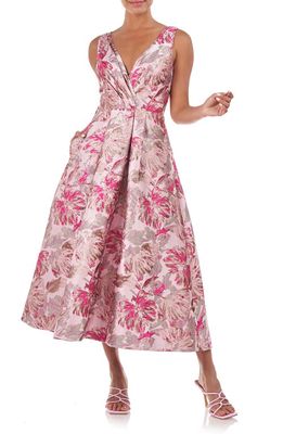 Kay Unger Poppy Metallic Floral A-Line Dress in Azalea