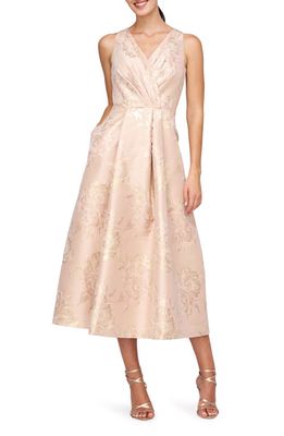 Kay Unger Poppy Metallic Jacquard Midi Cocktail Dress in Summer Gold 