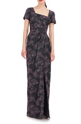 Kay Unger Rosalyn Floral Short Sleeve Column Gown in Black/Dark Lavender