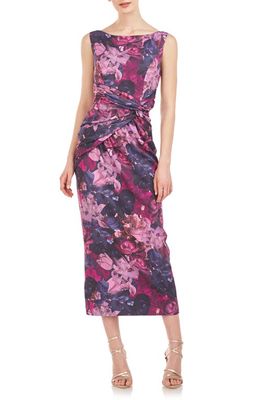 Kay Unger Sabina Twist Front Midi Cocktail Dress in Boysenberry Multi