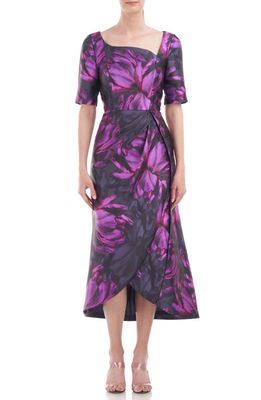 Kay Unger Tallulah Floral High-Low Maxi Tulip Dress in Cerise/Navy