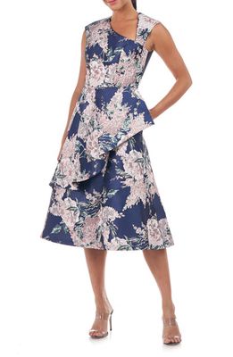 Kay Unger Veronica Floral Brocade Fit & Flare Dress in Marine Blue/Rose Tan Multi