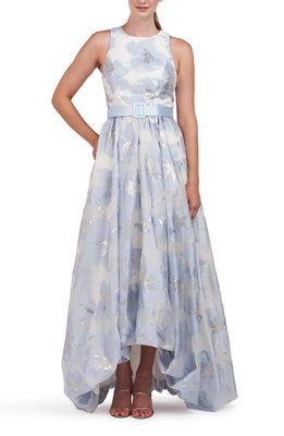 Kay Unger Vivian Metallic Floral Print Sleeveless High/Low Gown in Pale Blue/Ivory