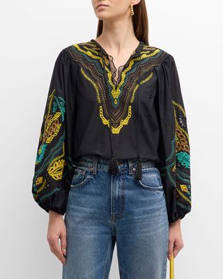 Kehlani Embroidered Blouson-Sleeve Blouse