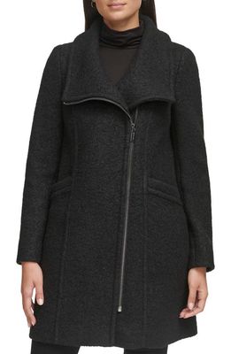 Kenneth Cole Asymmetric Zip Convertible Collar Bouclé Coat in Black