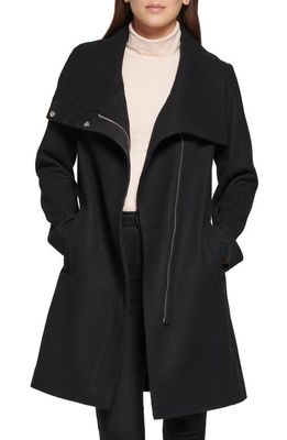 Kenneth Cole Melton Faux Leather Trim Wool Blend Coat in Black