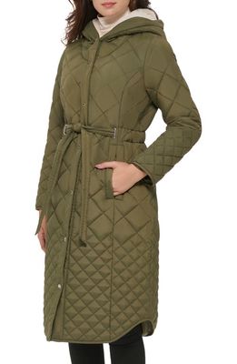 Kenneth Cole New York Belted Faux Fur Lined Water Resistant Quilted Parka in Olive
