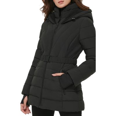 Kenneth Cole New York Berber Belted Stretch Water Resistant Hooded Puffer Jacket in Black