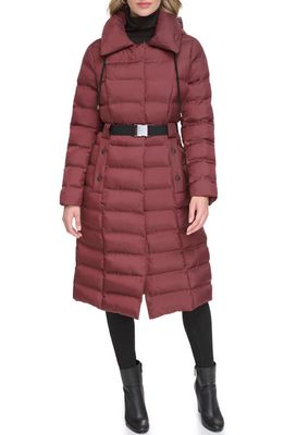 Kenneth Cole New York Cire Hooded Belted Puffer Jacket in Burgundy