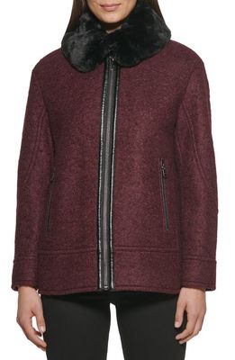 Kenneth Cole New York Faux Fur Collar Zip Front Wool Blend Coat in Burgundy