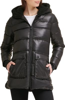 Kenneth Cole New York Faux Shearling Lined Hood Channel Quilted Puffer Parka Jacket in Black