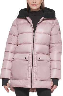 Kenneth Cole New York Faux Shearling Lined Hood Channel Quilted Puffer Parka Jacket in Dusty Blush