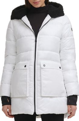 Kenneth Cole New York Faux Shearling Lined Hood Channel Quilted Puffer Parka Jacket in White