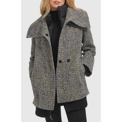 Kenneth Cole New York Wool Blend Tweed Coat with Quilted Insulated Liner in Black Multi 