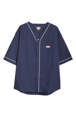 KENZO Baseball Short Sleeve Cotton Button-Up Shirt in Midnight Blue