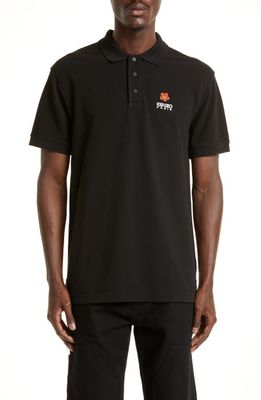 KENZO Boke Flower Appliqué Piqué Polo in Black