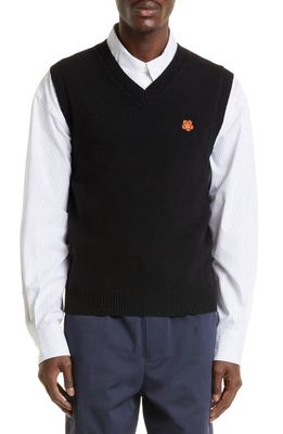 KENZO Embroidered Boke Flower Crest V-Neck Wool Sweater Vest in Black