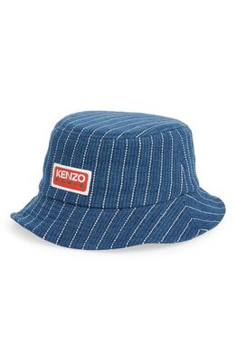 KENZO Embroidered Stripe Denim Bucket Hat in Ds - Medium Stone Blue Denim
