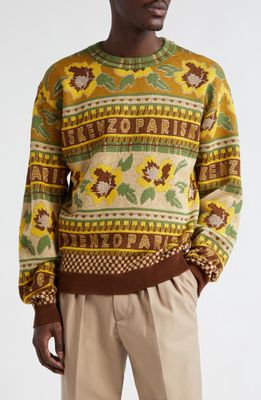 KENZO Fair Isle Wool Blend Crewneck Sweater in 40- Golden Yellow