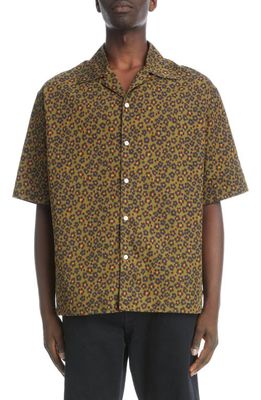 KENZO Hana Floral Leopard Print Cotton & Silk Camp Shirt in Khaki