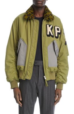 KENZO Hana Patches Nylon Bomber Jacket with Faux Fur Collar in 50 - Khaki