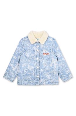 KENZO Kids' Athletic Print Cotton Denim Jacket with Faux Fur Collar in Bleach