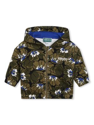 Kenzo Kids floral-print cotton hooded jacket - Green