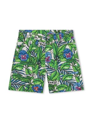 Kenzo Kids floral-print poplin cotton shorts - Green