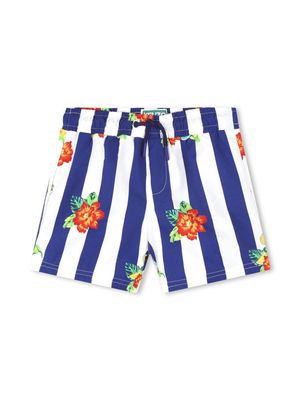 Kenzo Kids floral-print striped swim shorts - White