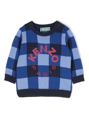 Kenzo Kids logo-embroidered gingham-print sweatshirt - Blue