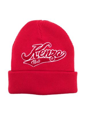 Kenzo Kids logo-patch ribbed-knit beanie - Red