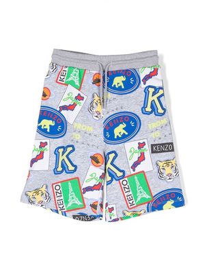 Kenzo Kids sticker-print side-stripe shorts - Grey