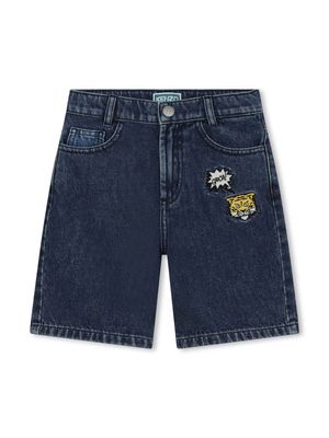 Kenzo Kids tiger-embroidered mid-rise denim shorts - Blue