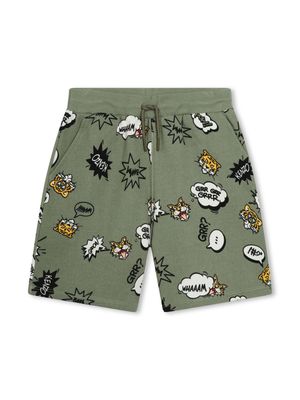 Kenzo Kids tiger-print drawstring cotton shorts - Green