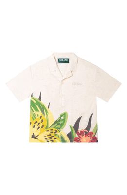 KENZO Kids' Tropical Print Short Sleeve Cotton Button-Up Shirt in Sand