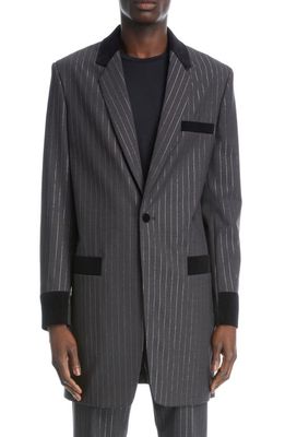 KENZO Metallic Pinstripe Virgin Wool Blend Longline Suit Jacket in 98 - Anthracite
