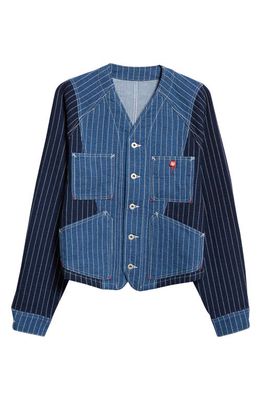 KENZO Mixed Pinstripe Denim Workwear Jacket in Ds - Medium Stone Blue Denim