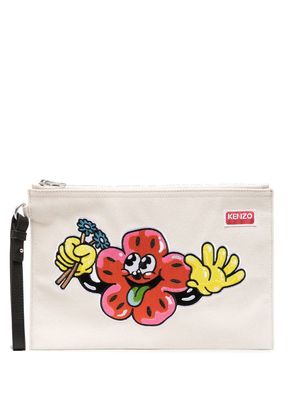 Kenzo motif-embroidered clutch bag - Neutrals