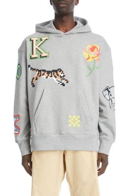 KENZO Oversize Embroidered Pixel Stretch Cotton Hoodie in Pearl Grey