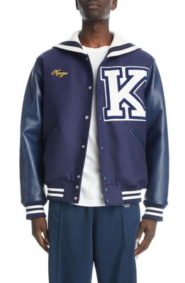 KENZO Sailor Chenille Patch Wool Blend Varsity Jacket in 77 - Midnight Blue