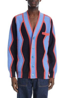 KENZO Wavy Stripe Wool Blend Cardigan in 77 - Midnight Blue
