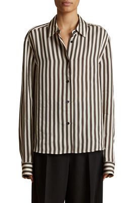 Khaite Argo Stripe Oversize Button-Up Blouse in Ivory /Dark Brown