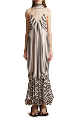Khaite Candita Stripe Twill Maxi Dress in Ivory /Dark Brown