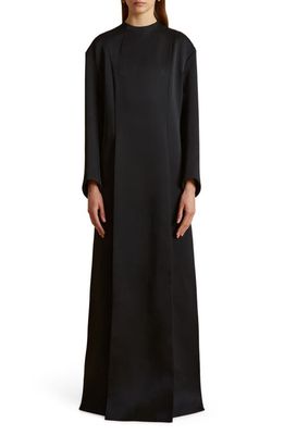 Khaite Clete Long Sleeve Crepe Satin Maxi Dress in Black