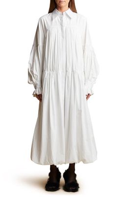 Khaite Colleen Gathered Long Sleeve Drop Waist Cotton Poplin Shirtdress in White